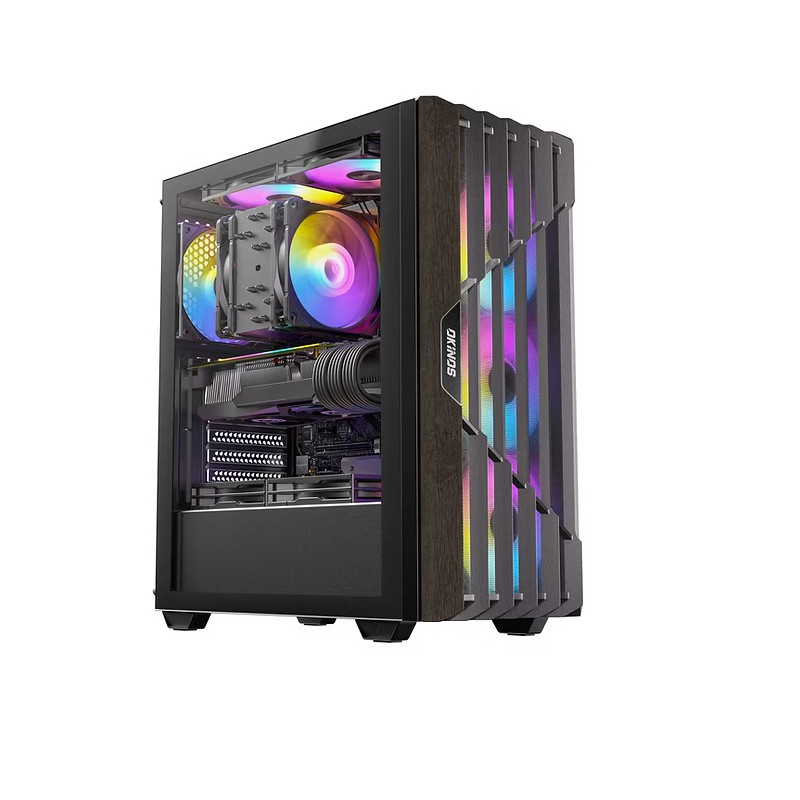 Mid-Tower Case: OKINOS Cypress 5 ARGB Oak Wood4x 120mm ARGB Fans, 2x USB 3.0 + 1x USB Type-C (10GBps), 1x Microphone Jack, 1x He