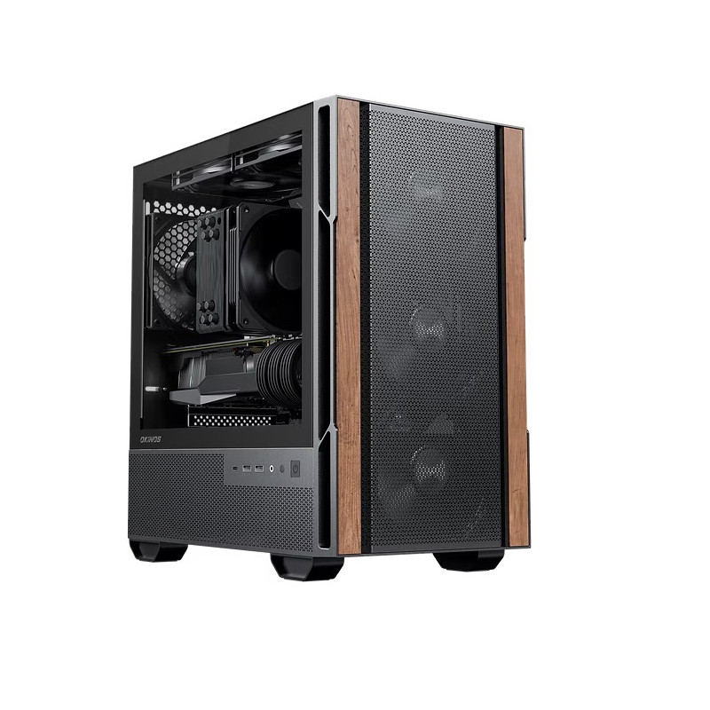 Mini-Tower Case: OKINOS Cypress 3 Wallnut Wood4x 120mm Fans, 2x USB 3.0 + 1x USB Type-C (10GBps), 1x Microphone/ Headphones Jack