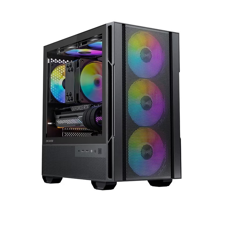 Mini-Tower Case: OKINOS Cypress 3 ARGB4x 120mm ARGB Fans, 2x USB 3.0 + 1x USB Type-C (10GBps), 1x Microphone/ Headphones Jack, T