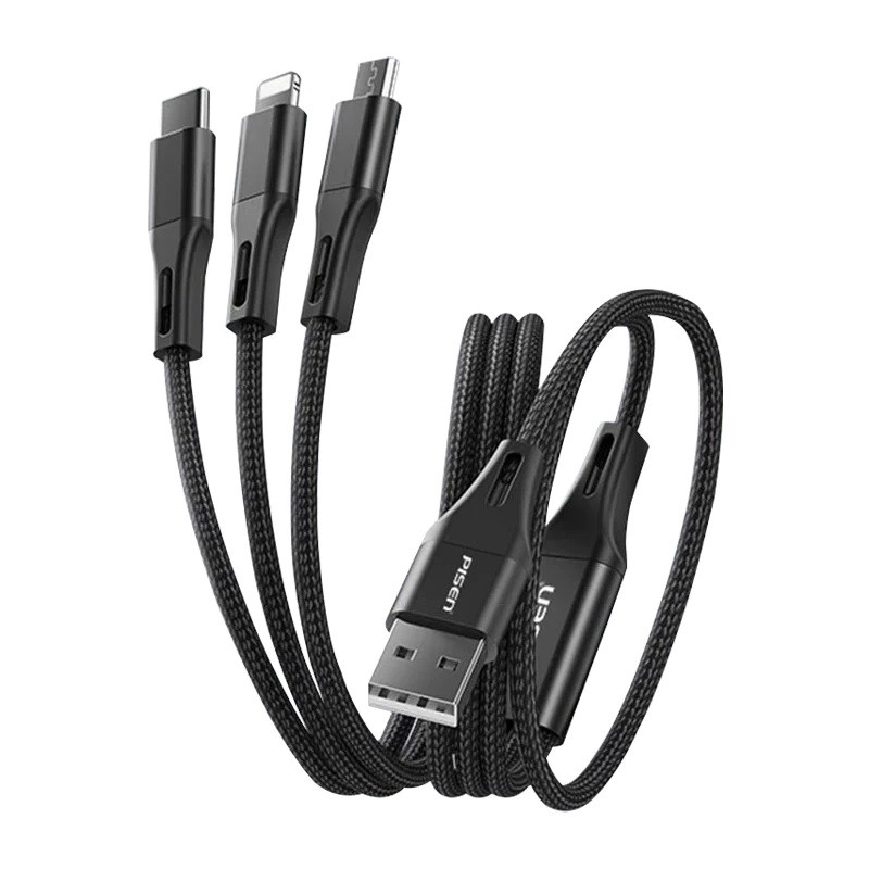 3-in-1 USB-A to Lightning + USB-C + Micro-USB Cable (1.5M) Braided Black, 3A/15W