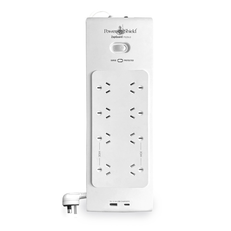ZapGuard 8 Way Power Surge Filter Board, USB A / C Connectors, Wide Spaced Sockets, Wall Mountable,$60,000 Connected Equipment