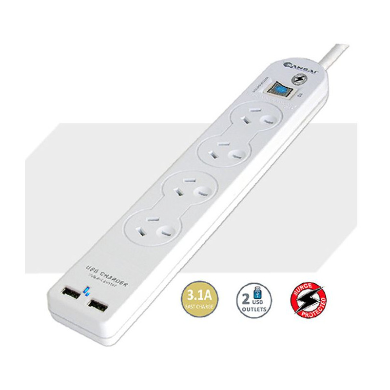 4 Way Basic Powerboard USB Ax2 4 Outlets Master Switch Surge and overload protection1M Length