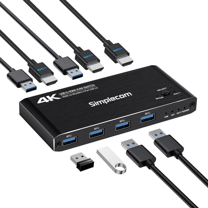 2-Port HDMI KVM Switch HDMI 2.0 4K@60Hz 4-Port USB 3.0 Hub 5Gbps