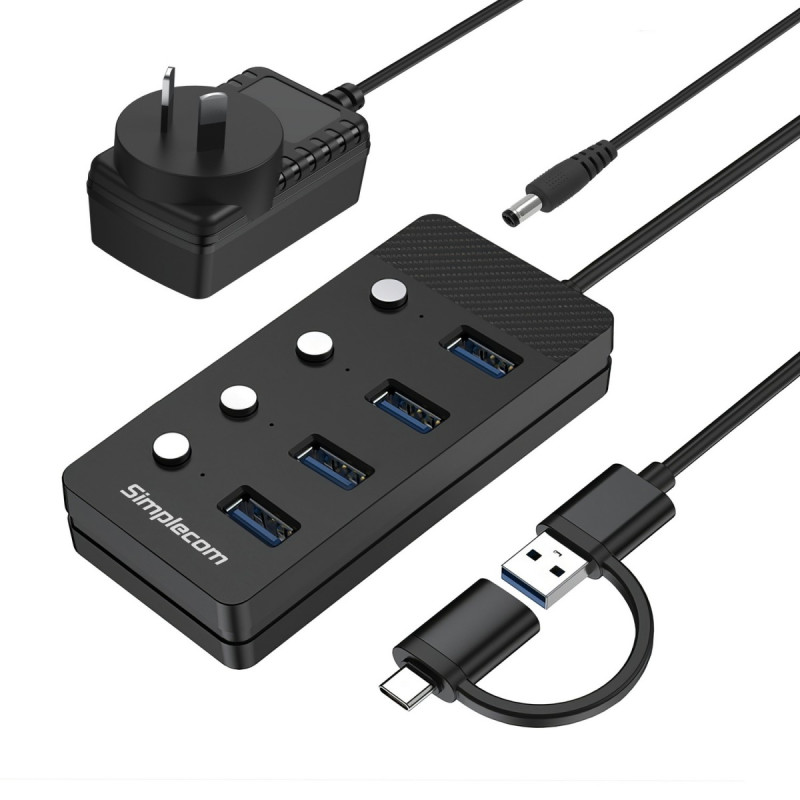 SuperSpeed USB-A and USB-C to 4-Port USB 3.0 Hub 5Gbps Individual Switches and Power Adapter
