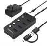 SuperSpeed USB-A and USB-C to 4-Port USB 3.0 Hub 5Gbps Individual Switches and Power Adapter