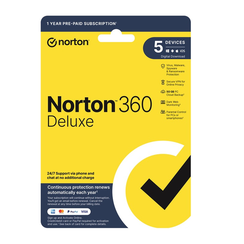 Norton 360 Deluxe 50GB AU 1 User, 5 Devices, 12 Months, Digital Key via Email