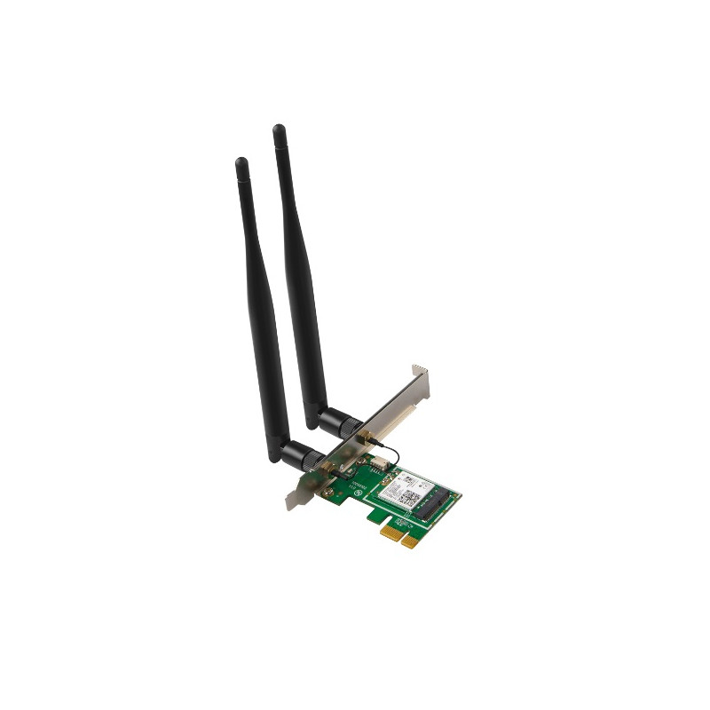 PCI-E Adapter: AX3000 Wi-Fi 6 Dual band 2.4/5GHz up to 2402Mbps, support BT 5.0, 2x 5dBi antennas