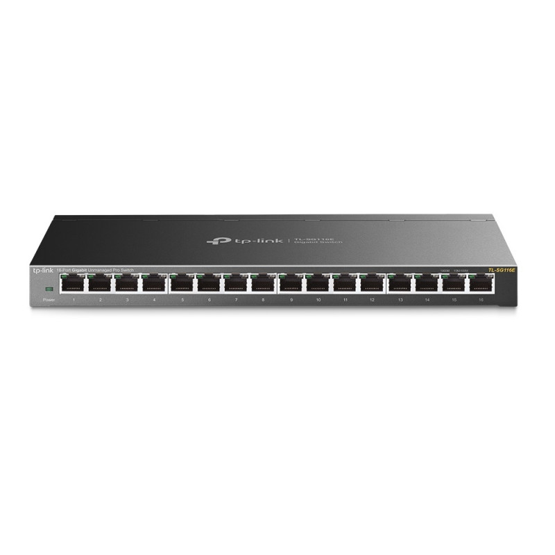 Switch: 16-Port Gigabit Unmanaged Pro Switch L2 Features 32xVLAN 32Gbps Capacity 23.81Mpps 8K MAC 4.1Mb Buffer Fanless