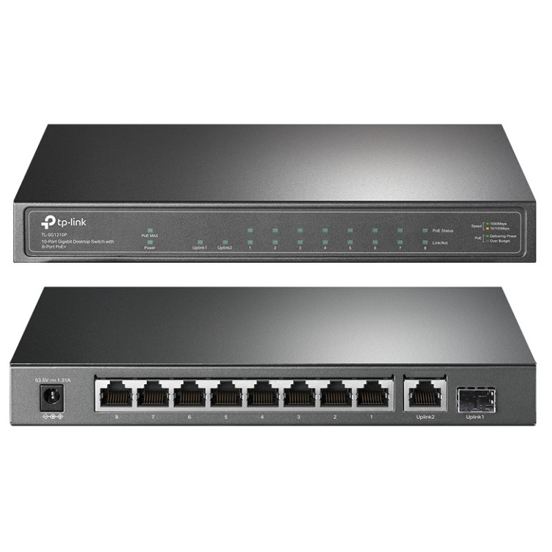 Switch : 10-Port Gigabit PoE+ Switch, 8x Gigabit PoE+ Ports, 1x Gigabit RJ45 Ports and 1x Gigabit SFP Slots, 802.3at/af, 63W PoE