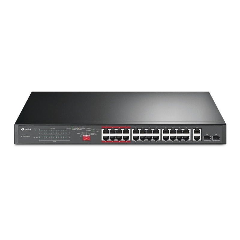 Switch : 24-Port 10/100Mbps PoE+ Unmanaged Switch, 2x Gigabit RJ45 Ports, 2x Combo SFP Slots, 802.3at/af, 250W PoE Power, 1U 19-