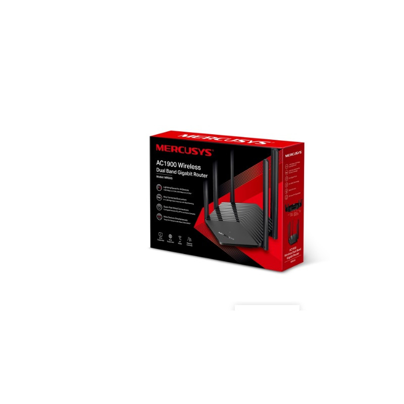 Router: Mercusys AC1900 Wireless Dual Band (600+1300) Mbps, 6 Fixed Omni-Directional Antennas, 1¡Á Gigabit WAN, 2¡Á Gigabit LAN,