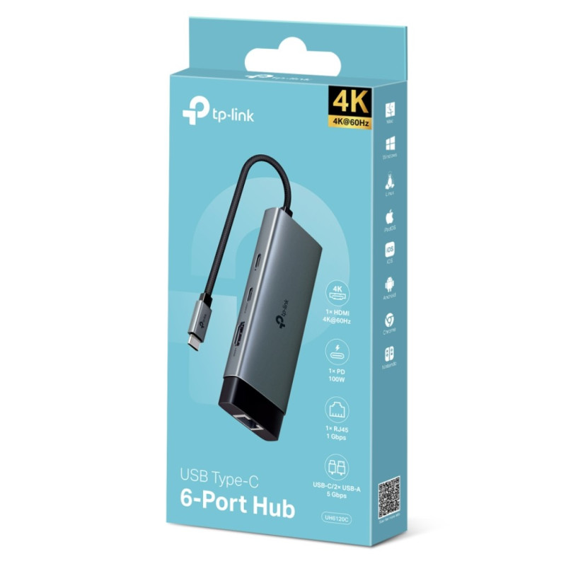 6 PORT HUB, USB-C(1), USB-A(2), RJ45(1), HDMI 4K(1), 1YR