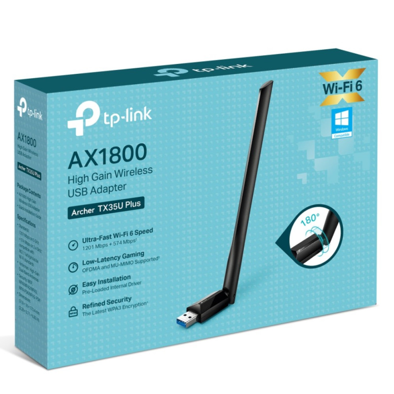 AX1800 High Gain Wireless USB Adapter, 1201 Mbps at 5 GHz + 574 Mbps at 2.4 GHz, 1¡Á High Gain External Antenna, USB 3.0 Adapt