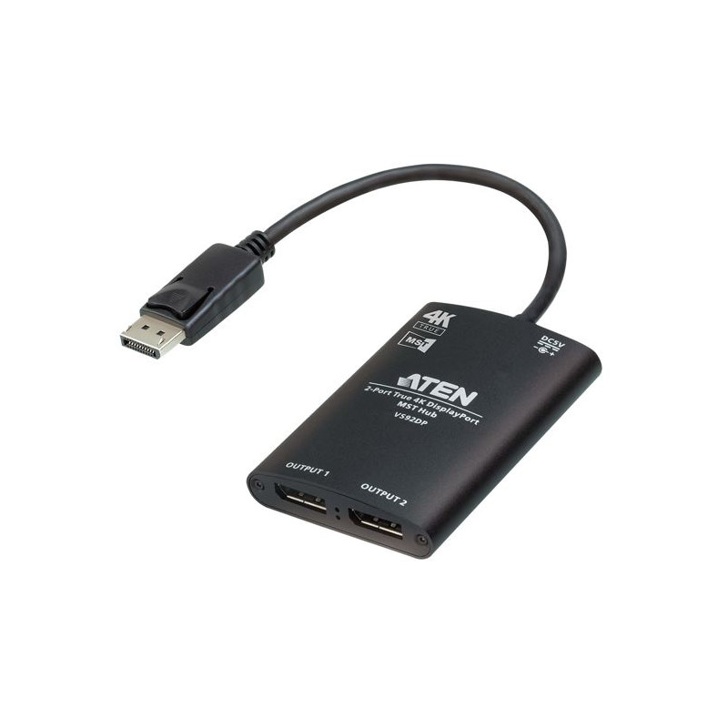DisplayPort Video Splitter 2-Port True 4K resolution for dual output, up to 3840x2160@30 Hz, DisplayPort 1:2 HDCP 1.3 Compliant