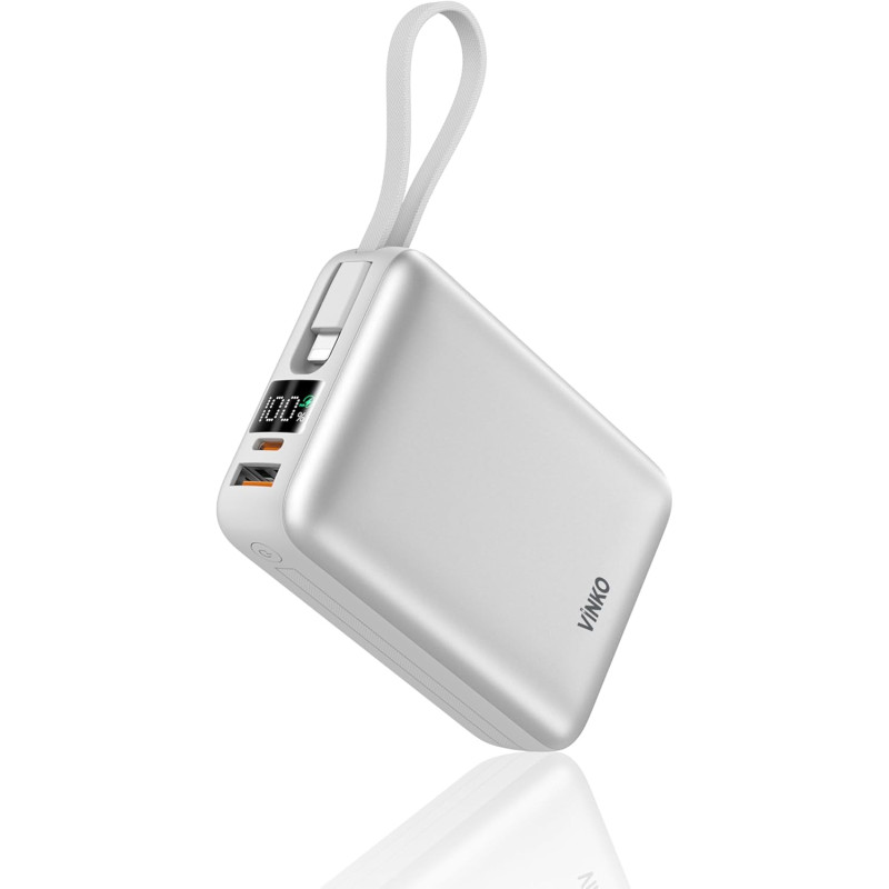 VINKO Pocket V10 - 20000mAh Power Bank, 22.5W Fast Charging Portable Charger with Built-in USB-C and iPhone Cables, LED Display 