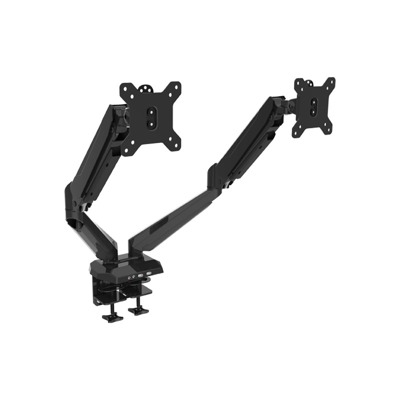 Gas Spring Desk Clamp Aluminium Dual LCD Monitor Arm with USB Port support up to 27", Tilt, Swivel, Rotate, VESA 75/100