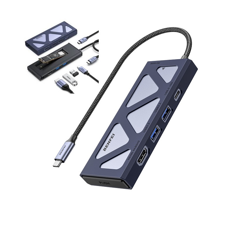 6 in 1 m.2 NVMe Enclosure with USB Type-C Hub - 1x HDMI + 2x USB 3.2 + 1x Type-C PD 100W