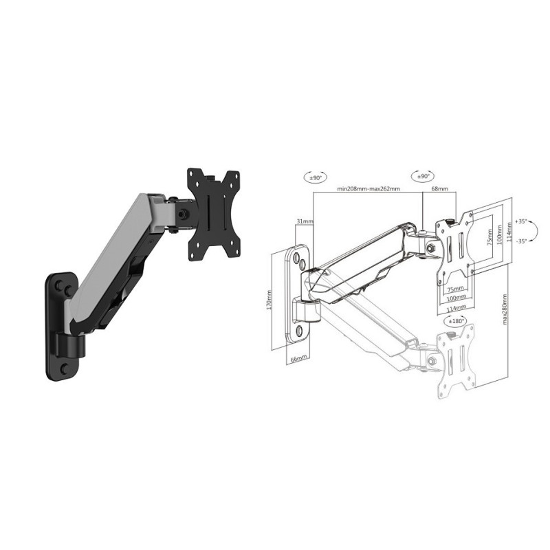 Single Screen Wall Mounted Gas Spring Monitor Arm,17"-32",Weight Capacity (per screen) 8kg