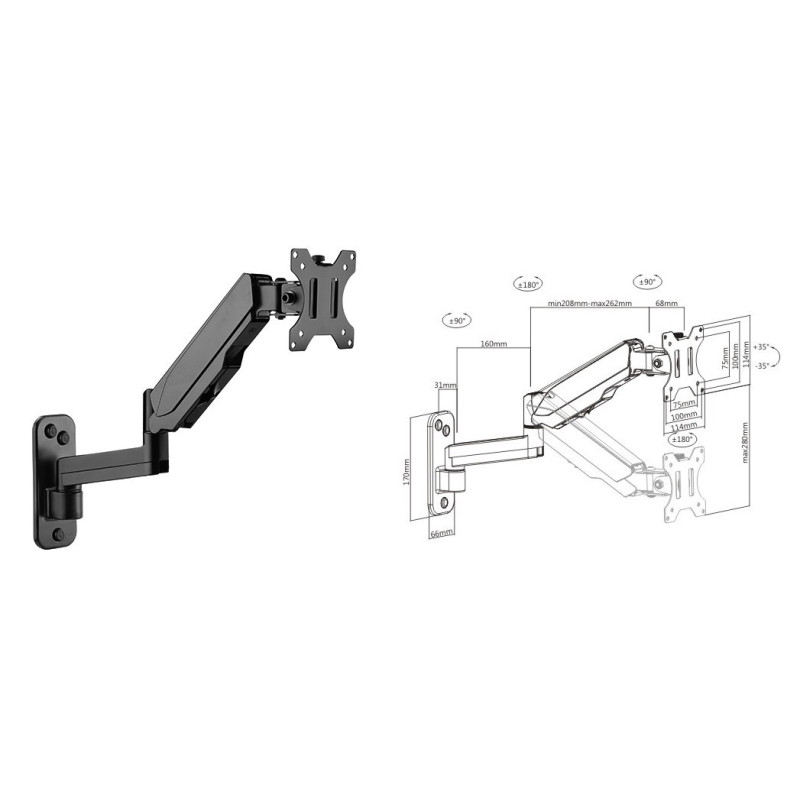 Single Screen Wall Mounted Articulating Gas Spring Monitor Arm 7"-32",Weight Capacity (per screen) 8kg